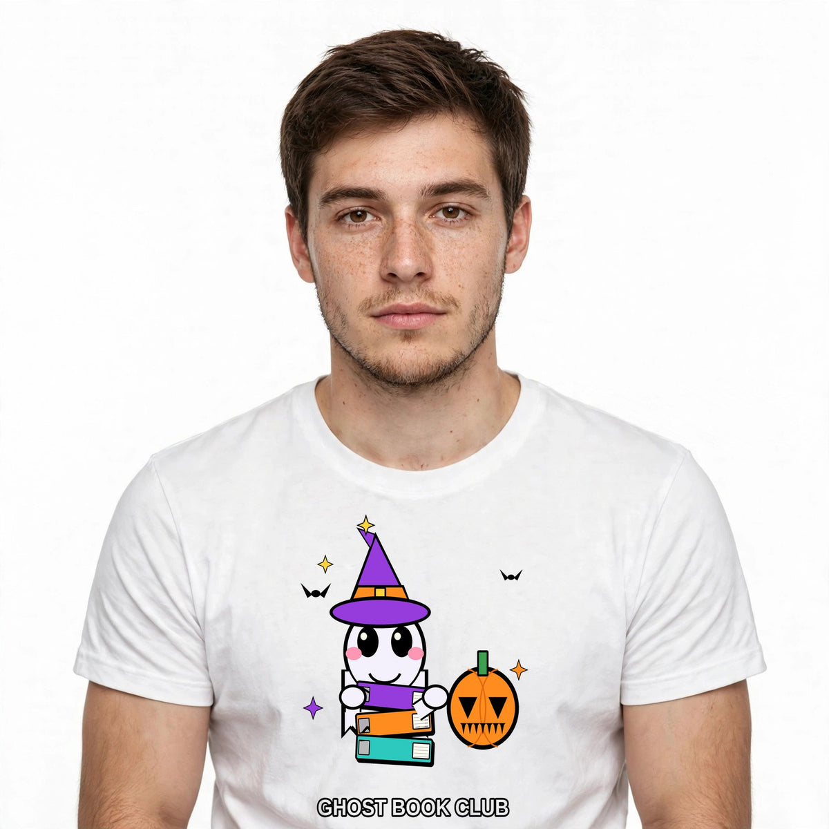 Lifestyle man wearing Spooky Cute Ghost Book Club Tee - SAME DESIGN chest 0.62