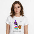 Lifestyle woman wearing Spooky Cute Ghost Book Club Tee - SAME DESIGN chest 0.56