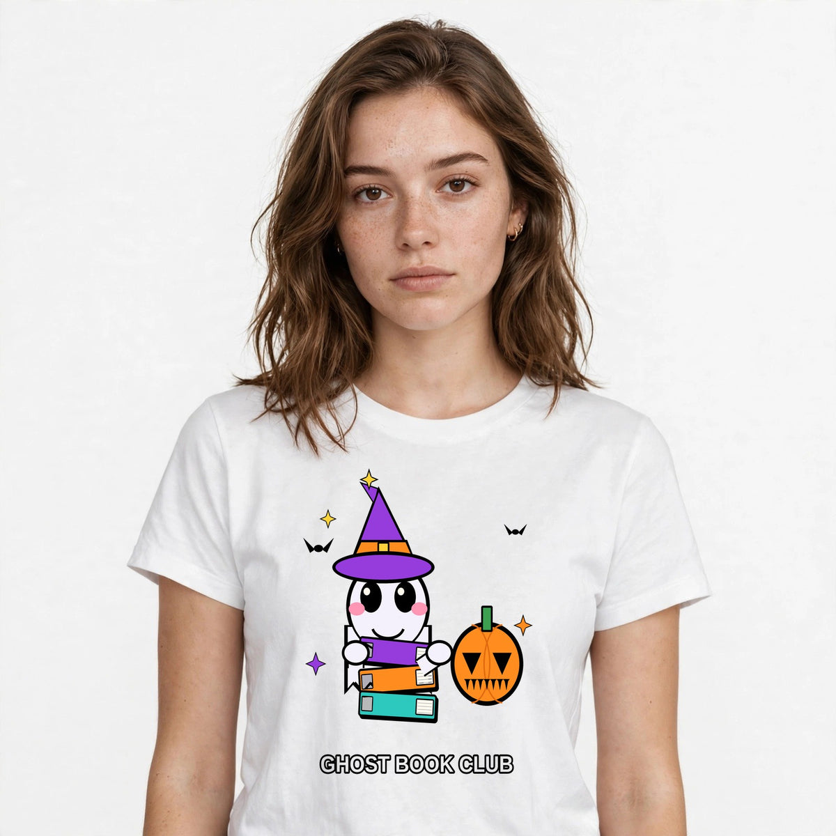 Lifestyle woman wearing Spooky Cute Ghost Book Club Tee - SAME DESIGN chest 0.56
