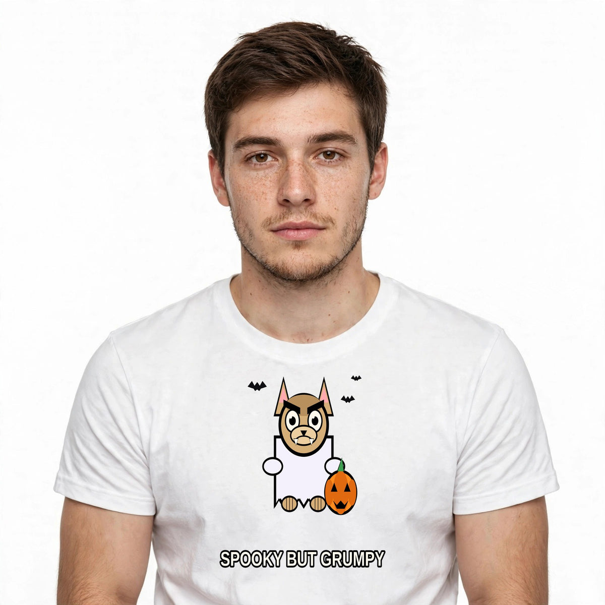 Lifestyle man wearing Spooky Dog Halloween Shirt - Ghost Chihuahua Tee - SAME DESIGN chest 0.62