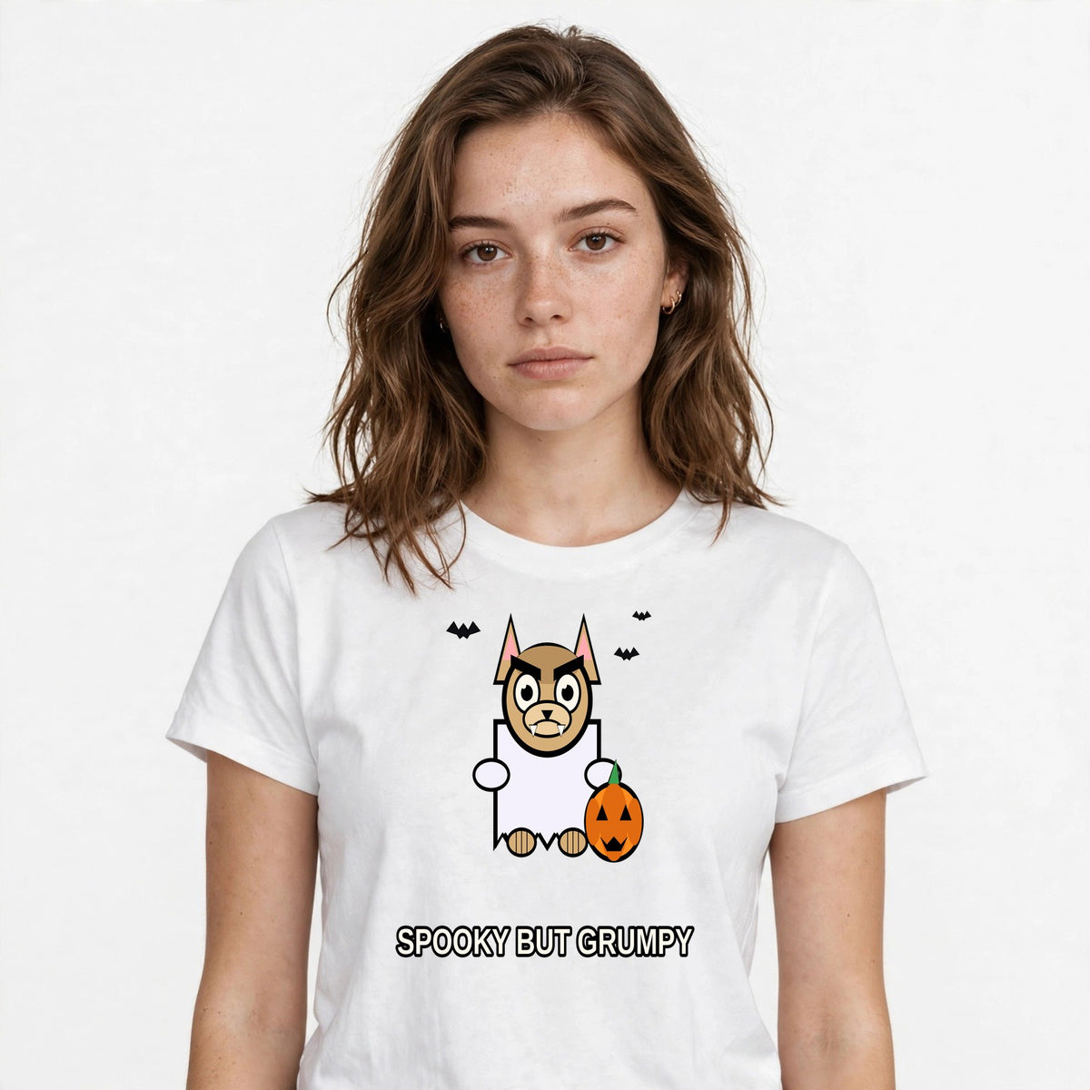 Lifestyle woman wearing Spooky Dog Halloween Shirt - Ghost Chihuahua Tee - SAME DESIGN chest 0.56