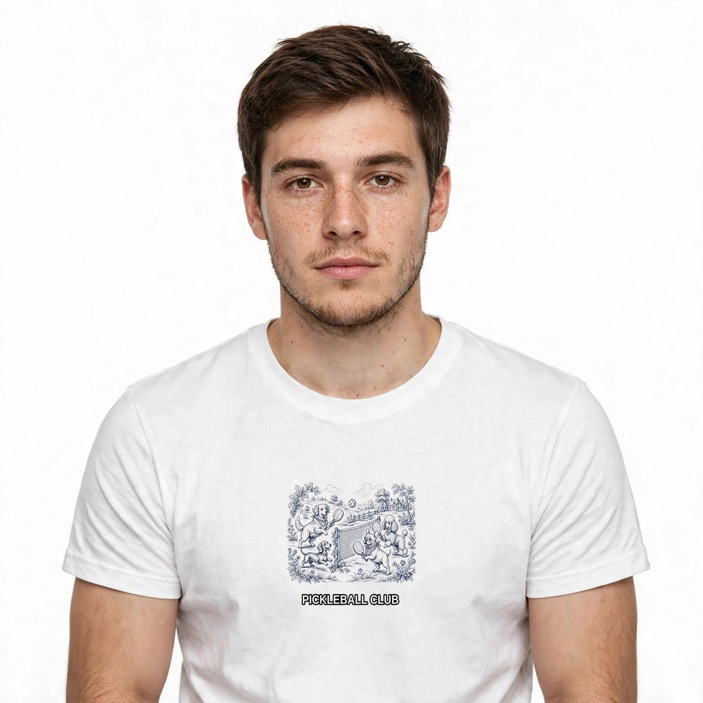 Lifestyle man wearing Toile De Jouy Pickleball Dogs Shirt - Vintage Pattern Tee - SAME DESIGN chest 0.62