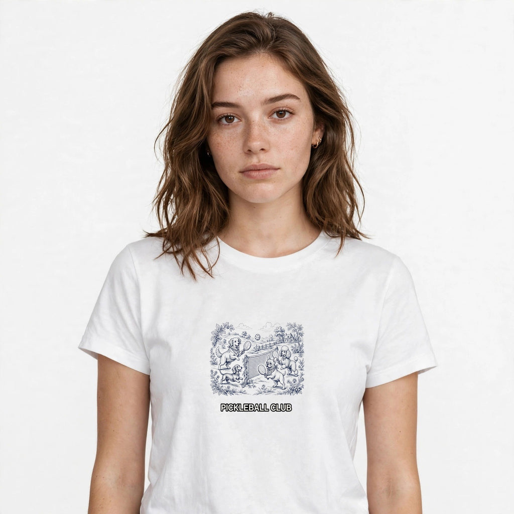 Lifestyle woman wearing Toile De Jouy Pickleball Dogs Shirt - Vintage Pattern Tee - SAME DESIGN chest 0.56