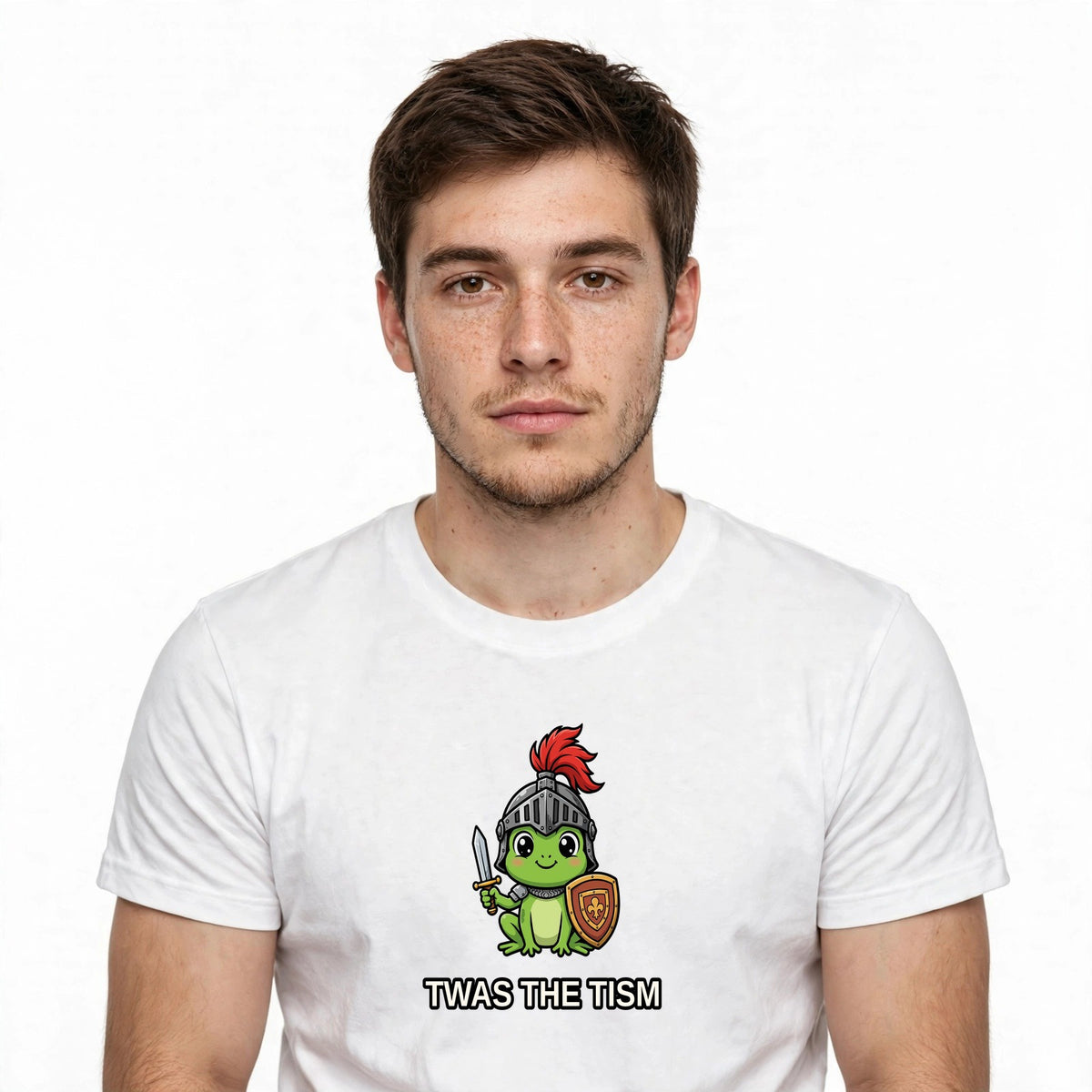 Lifestyle man wearing Twas The Tism M'Lord Shirt - Frog Knight Neurodivergent Tee - SAME DESIGN chest 0.62