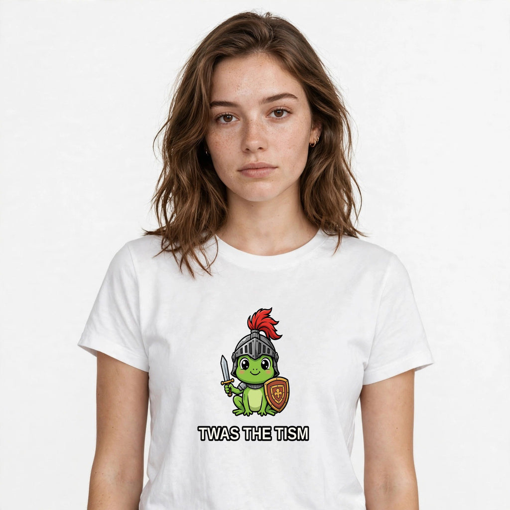 Lifestyle woman wearing Twas The Tism M'Lord Shirt - Frog Knight Neurodivergent Tee - SAME DESIGN chest 0.56