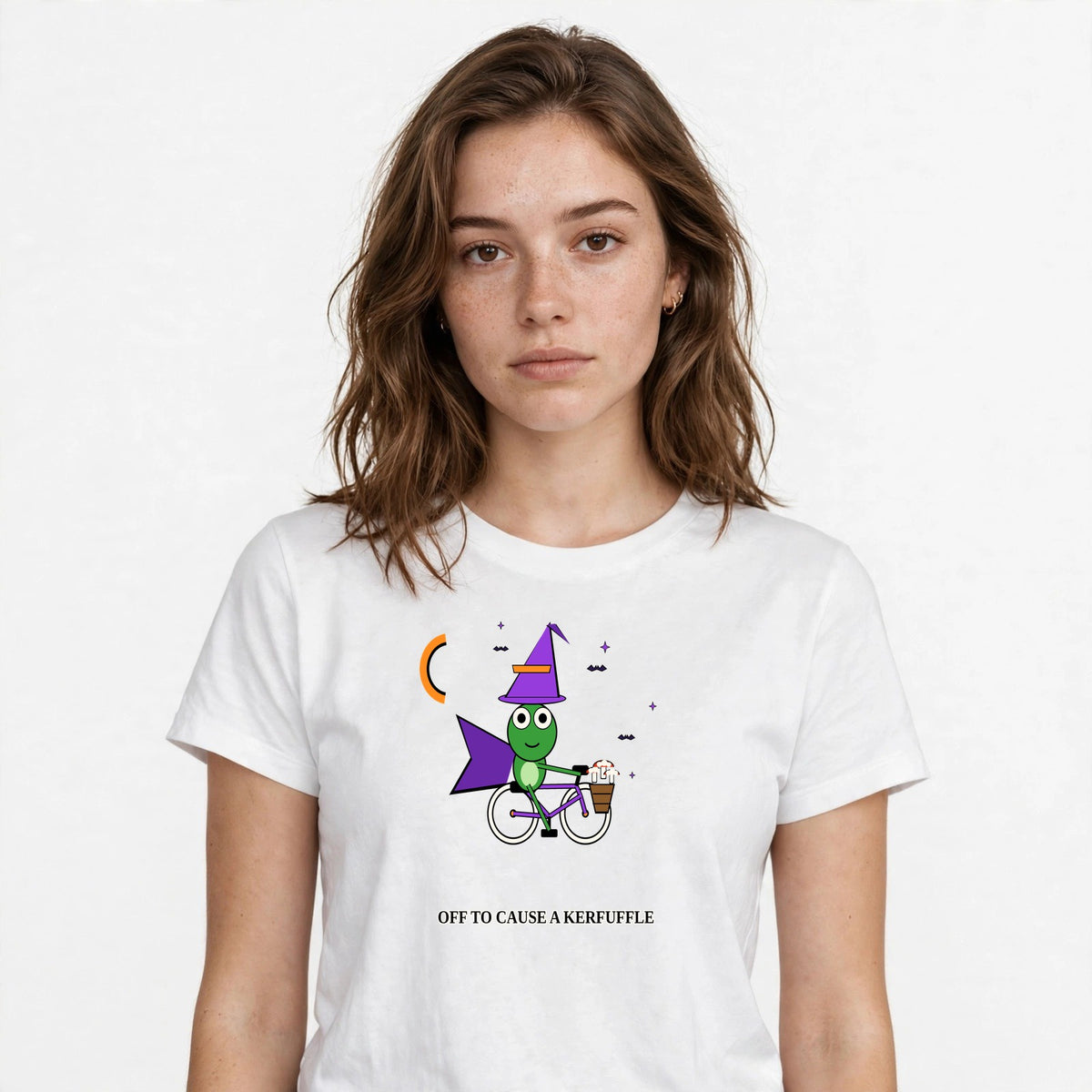 Lifestyle woman wearing Witch Frog Shirt - Off To Cause A Kerfuffle Halloween Tee - SAME DESIGN chest 0.56
