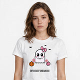 Lifestyle woman wearing Coquette Bow Ghost Halloween Tee - SAME DESIGN chest 0.56
