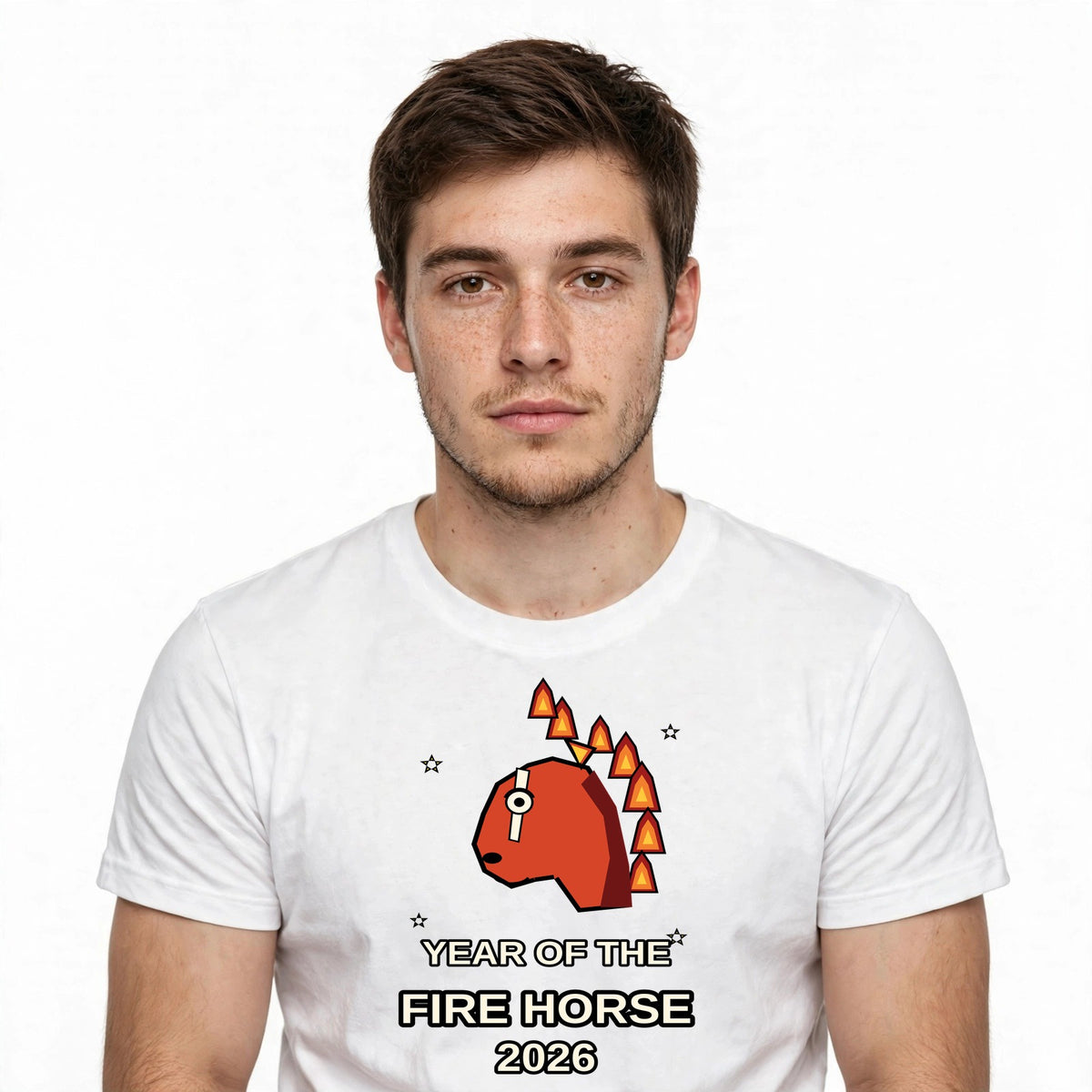 Lifestyle man wearing Year of the Fire Horse 2026 - Chinese Zodiac Tee - SAME DESIGN chest 0.62