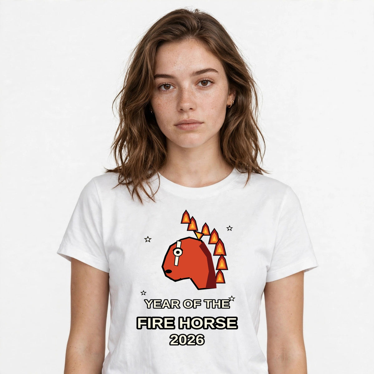 Lifestyle woman wearing Year of the Fire Horse 2026 - Chinese Zodiac Tee - SAME DESIGN chest 0.56